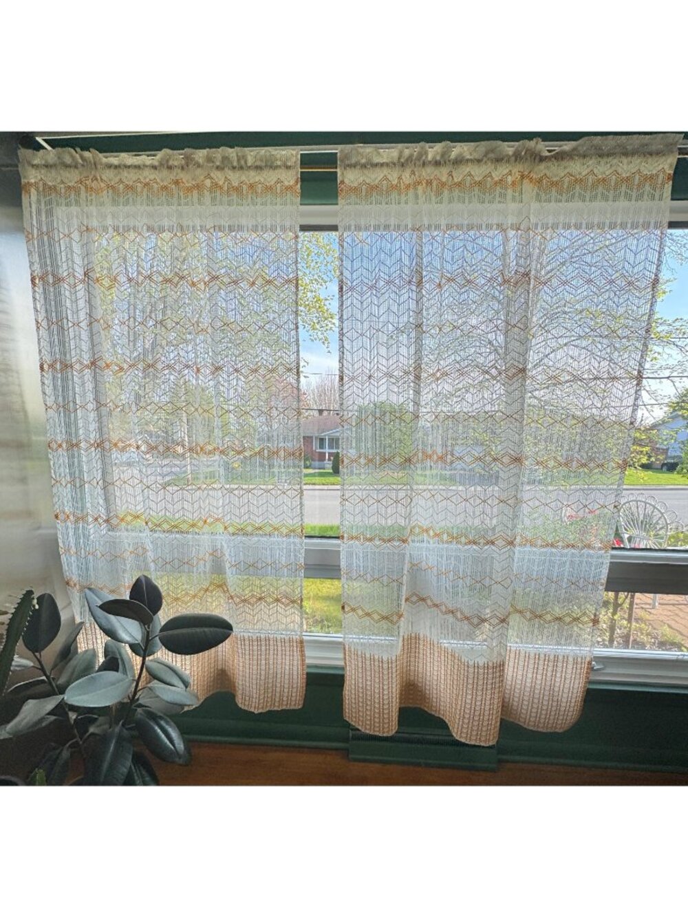 Vintage 70s mesh curtain, white, orange groovy stripes, single panel